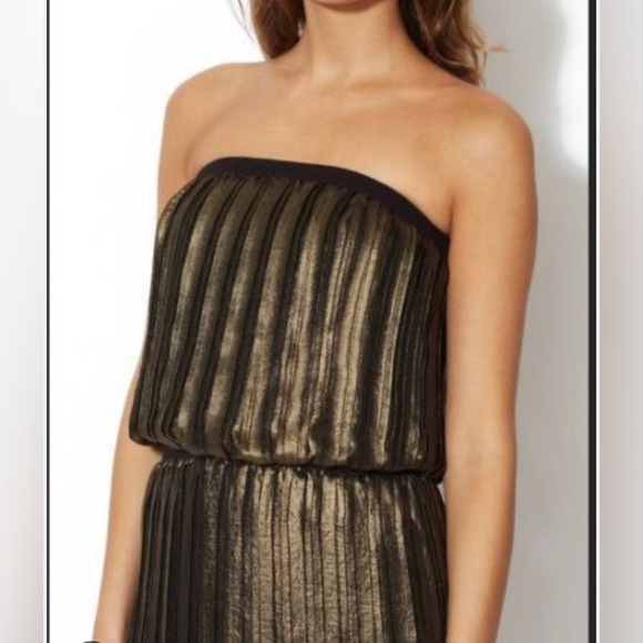 BCBG MAX AZRIA “RIVE” GOLD METALLIC BLACK MINI PLEATED DRESS. Size Small - Picture 2 of 10